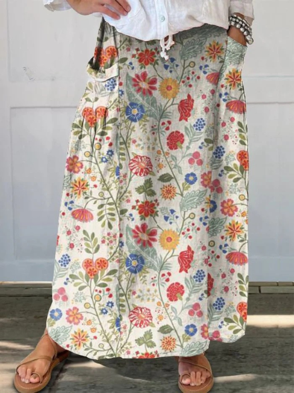 Women's Classic Floral Print Elastic Waist Pocket Skirt