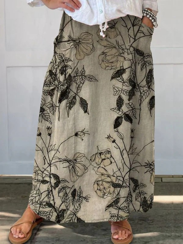 Women's Retro Botanical Print Elastic Waist Pocket Skirt