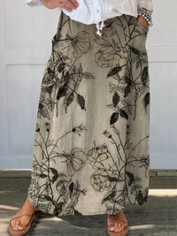 Women's Retro Botanical Print Elastic Waist Pocket Skirt