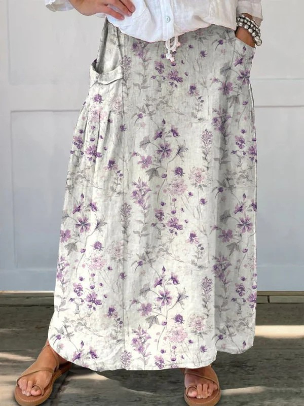 Women's Vintage Floral Print Pocket Midi Skirt