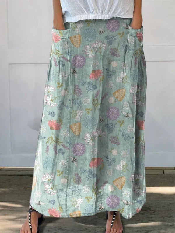 Women's Bumblebee Floral Print Elastic Waist Pocket Skirt