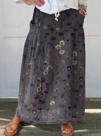 Women's Artistic Floral Print Elastic Waist Pocket Skirt