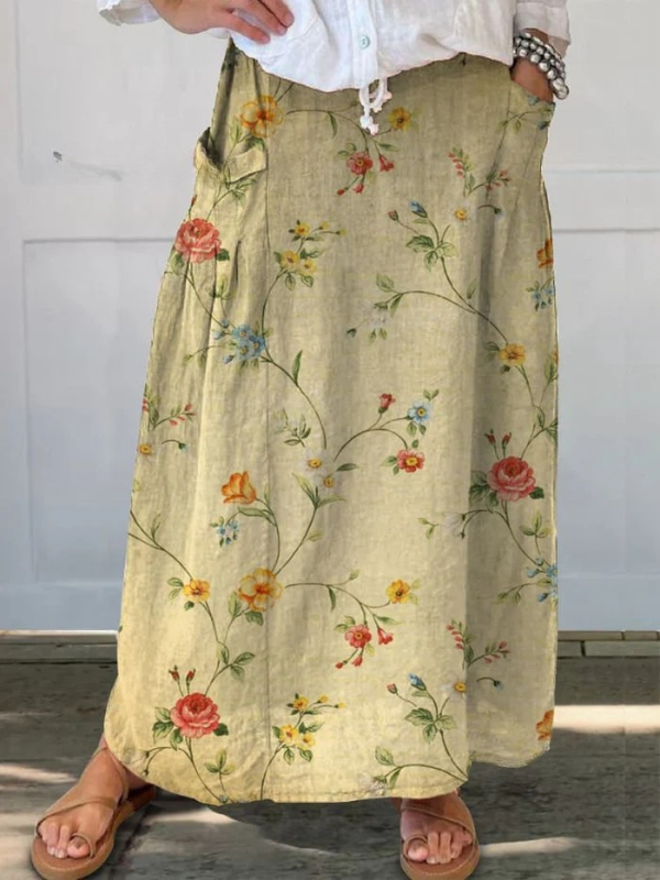 Women's Retro Elegant Floral Elastic Waist Pocket Skirt