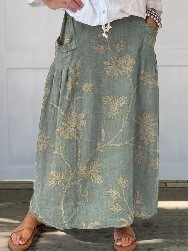 Women's Retro Floral Elastic Waist Pocket Skirt