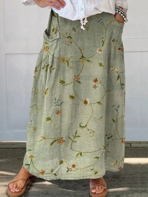 Women's Vintage Blossom Elastic Waist Pocket Skirt