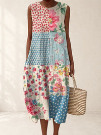 Women's Patchwork Print Flared Midi Dress