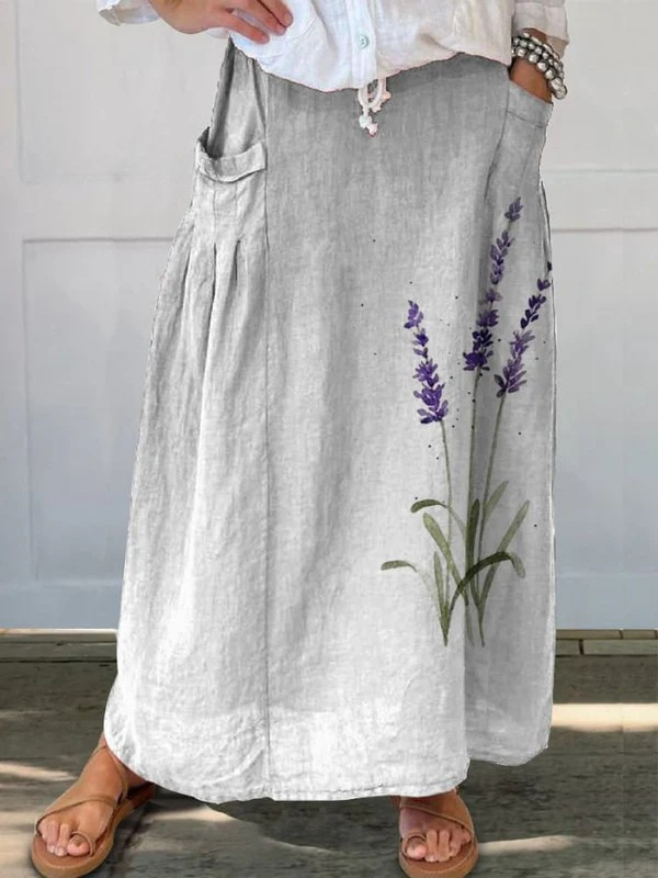Women's Watercolour Lavender Floral Elastic Waist Pocket Skirt