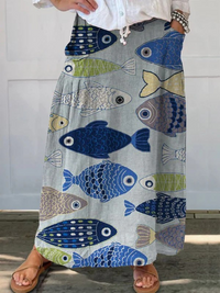 Women's Aquatic Fish Print Elastic Waist Pocket Skirt