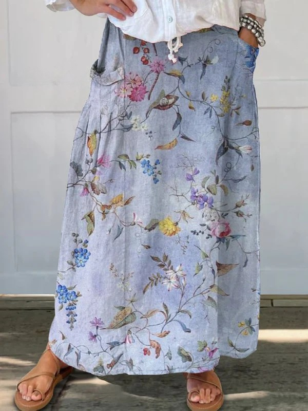 Women's Vintage Blue Floral Pocket Skirt Culottes