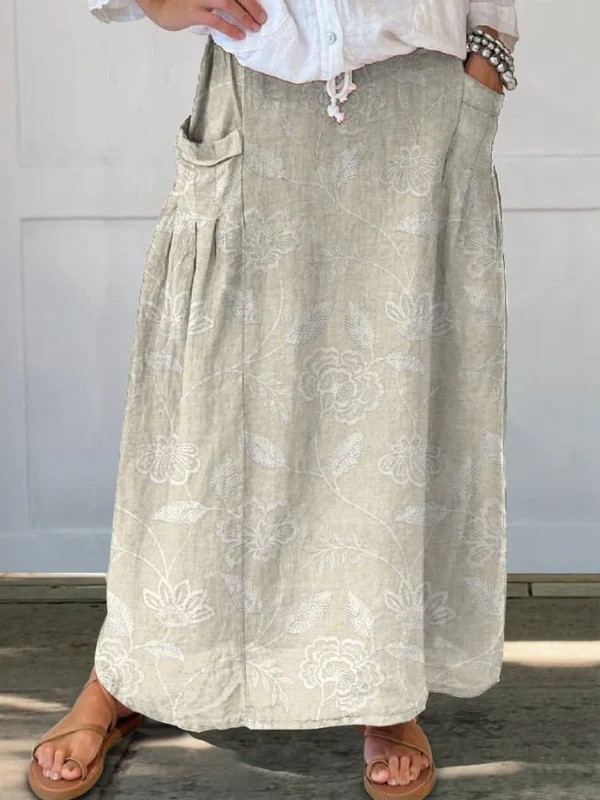 Women's Vintage Floral Art Elastic Waist Pocket Skirt