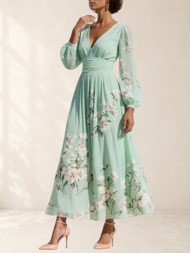 Women's Pleated V Neck Floral Midi Dress