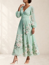 Women's Pleated V Neck Floral Midi Dress