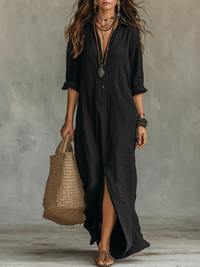 Women's Button Front Relaxed Black Maxi Dress