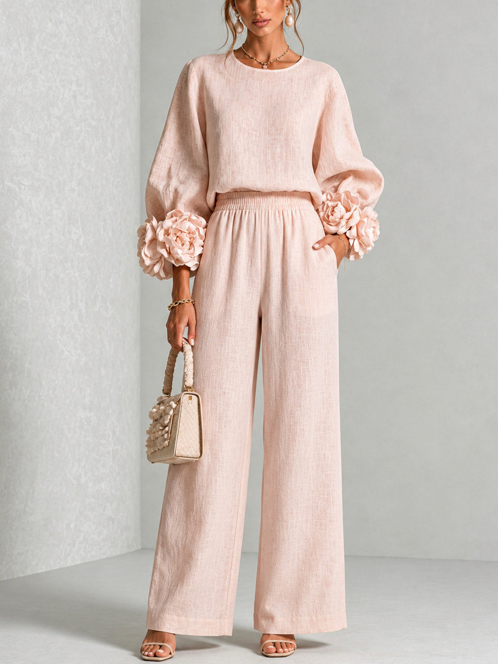 Women's Floral Cuff Crew Neck Wide Leg Set
