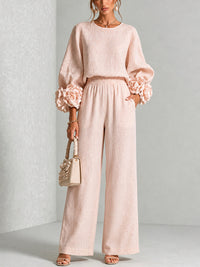 Women's Floral Cuff Crew Neck Wide Leg Set