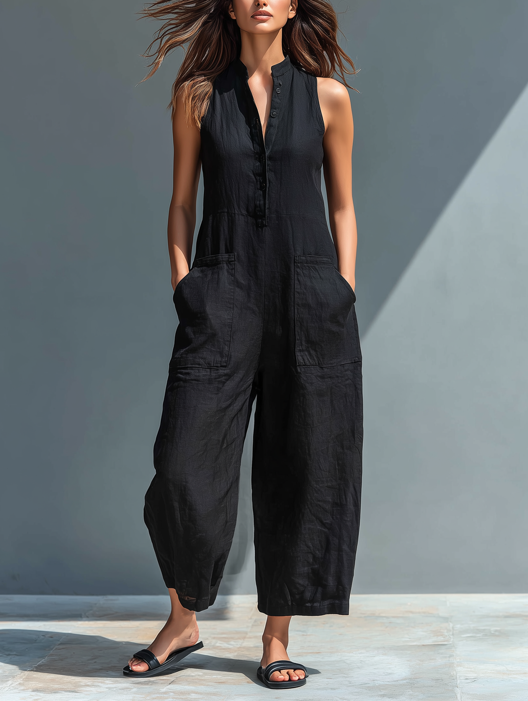 Women's Minimalist Mandarin Collar Wide Leg Jumpsuit