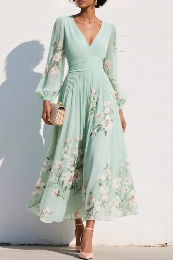 Women's Floral V Neck Cinched Maxi Dress