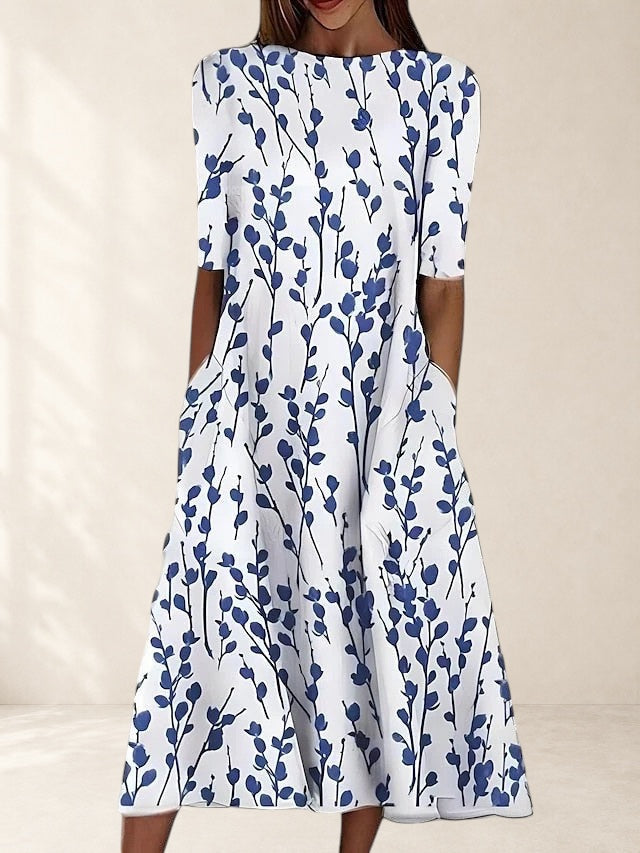 Women's Floral Boat Neck Midi Dress