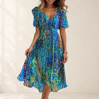 Women's Wrap V Neck Short Sleeve Midi Dress