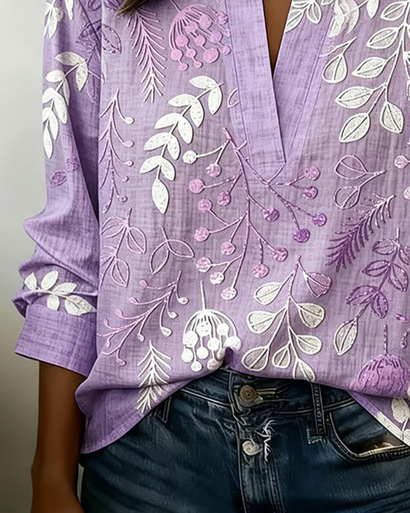 Women's Botanical Print Open Neck Long Sleeve Blouse