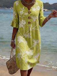 Women's Floral Print Flared Sleeve Button Front Dress