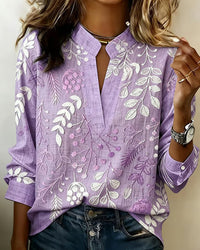Women's Botanical Print Open Neck Long Sleeve Blouse