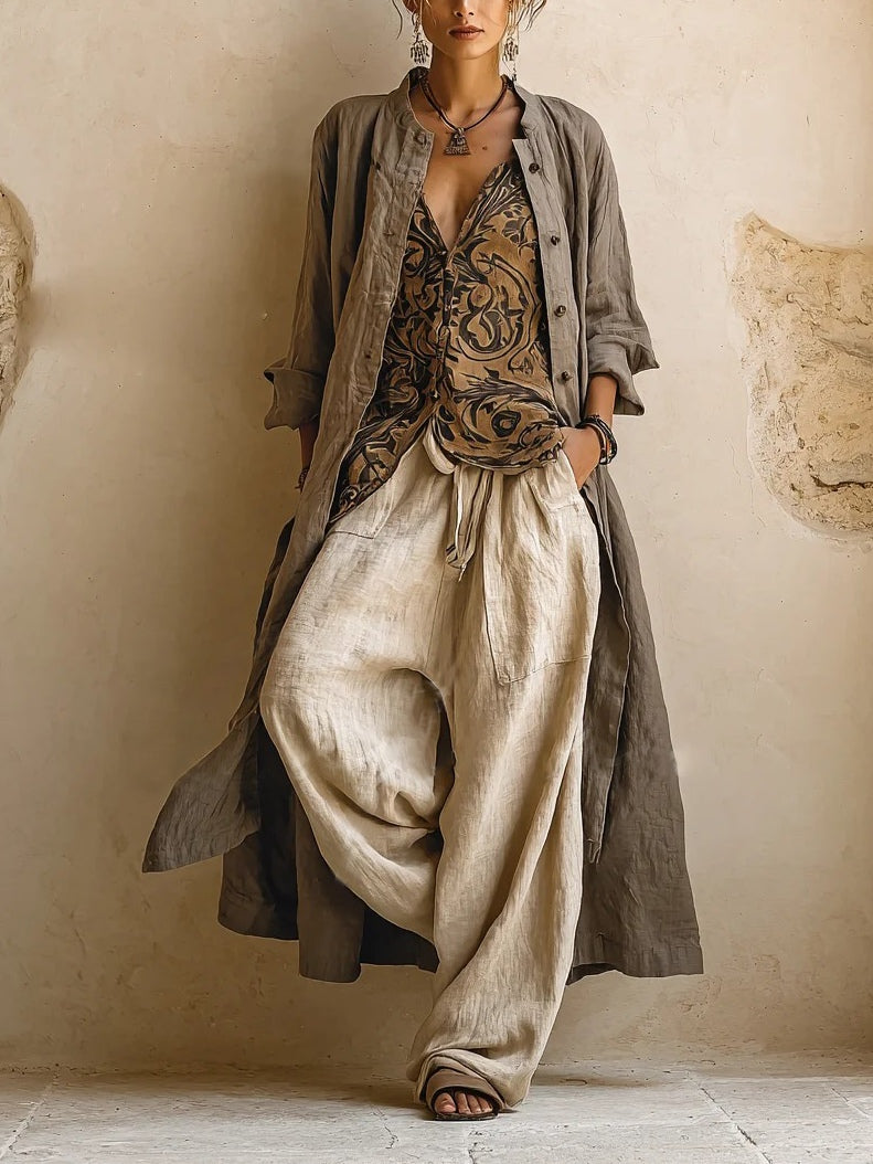 Women's Botanical Print Duster and Trouser Set