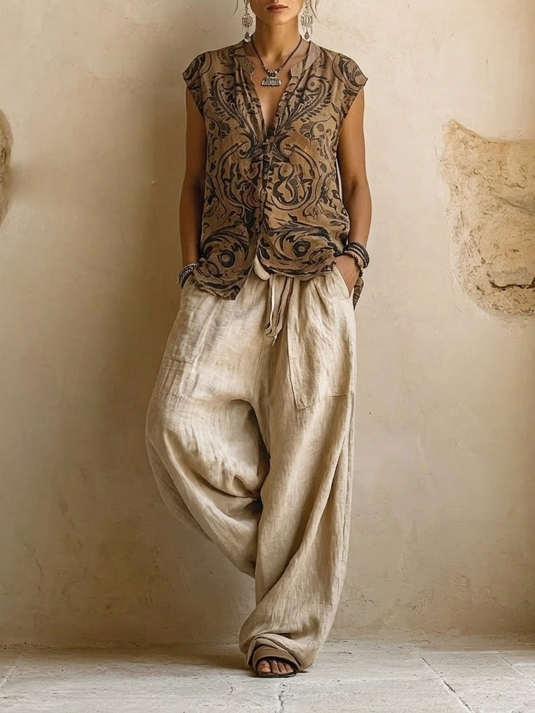 Women's Botanical Print Duster and Trouser Set