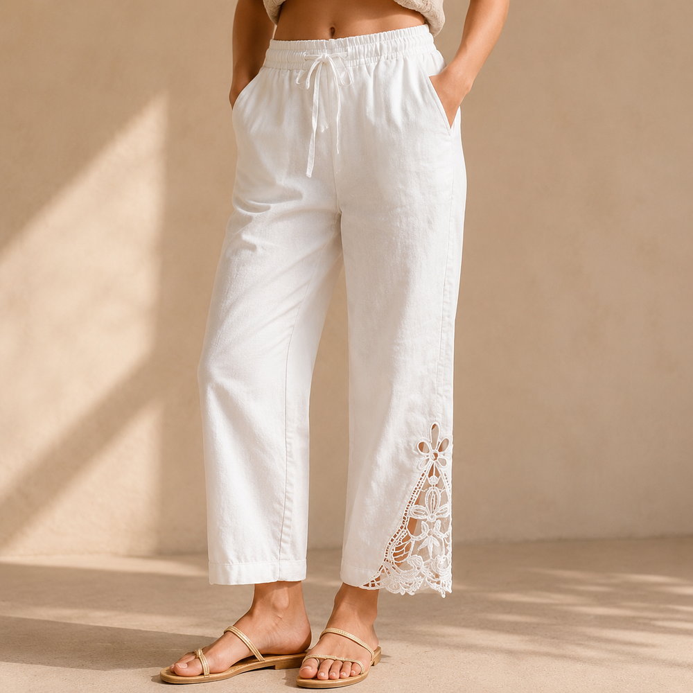 Women's Lace Hem Cutwork Drawstring Trousers