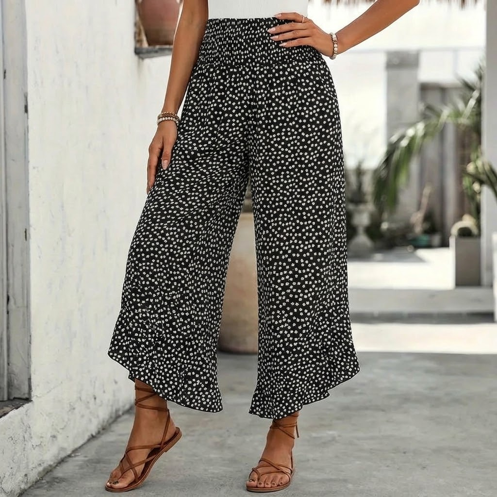 Women's Smocked High Waist Ruffle Hem Trousers