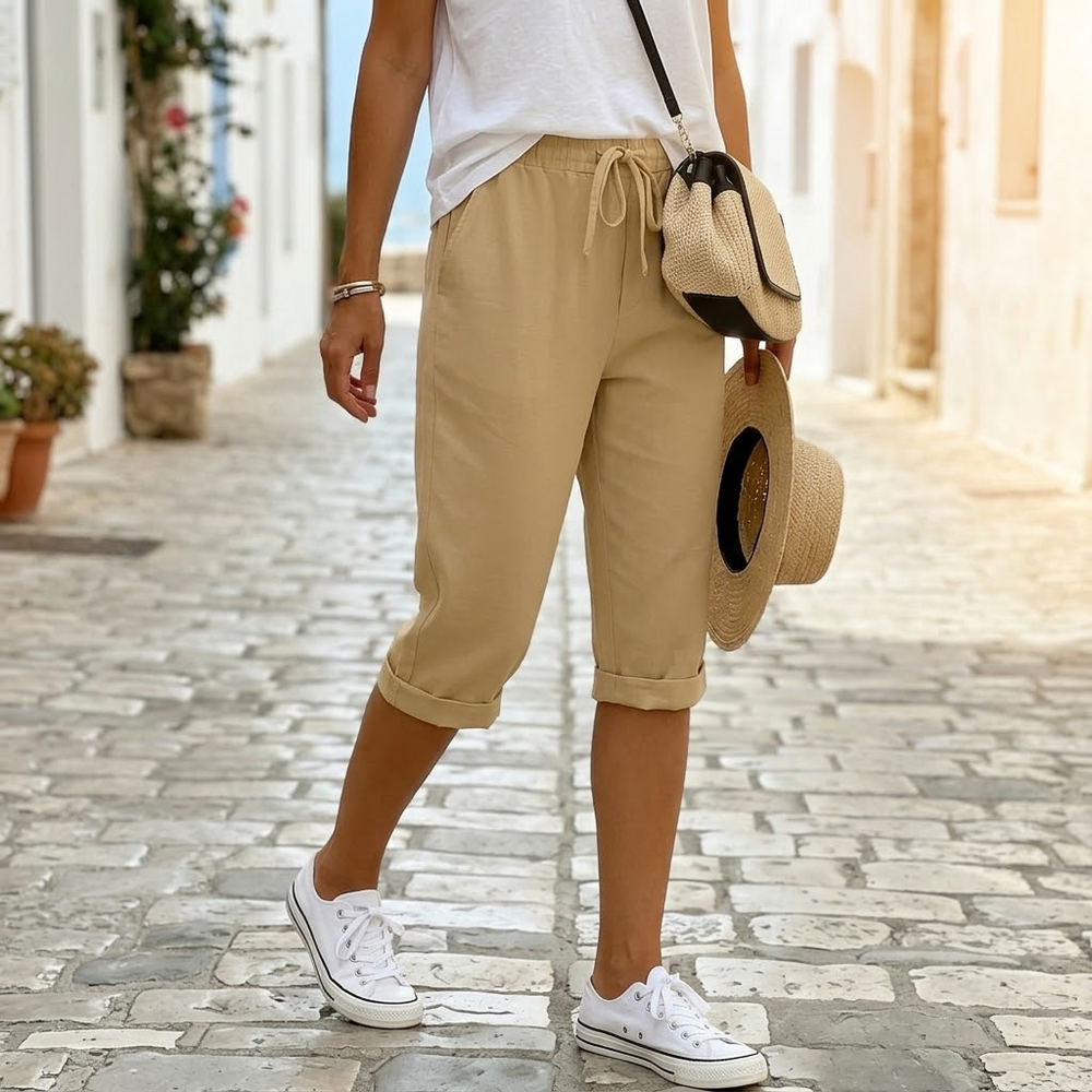 Women's Elastic Drawstring Rolled Cuff Cropped Trousers