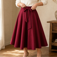 Women's High Waisted Pleated Tie Midi Skirt