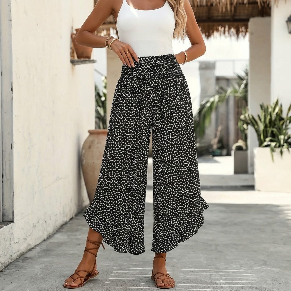 Women's Smocked High Waist Ruffle Hem Trousers