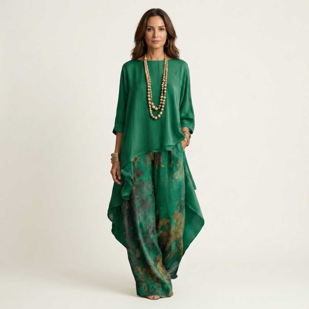 Women's Asymmetric Tunic and Floral Wide Leg Set