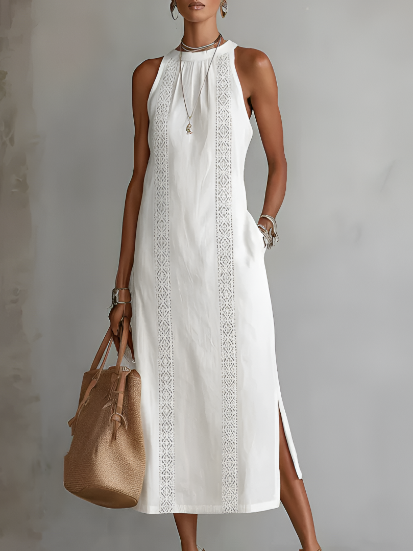 Women's Embroidered Mandarin Collar Relaxed Midi Dress