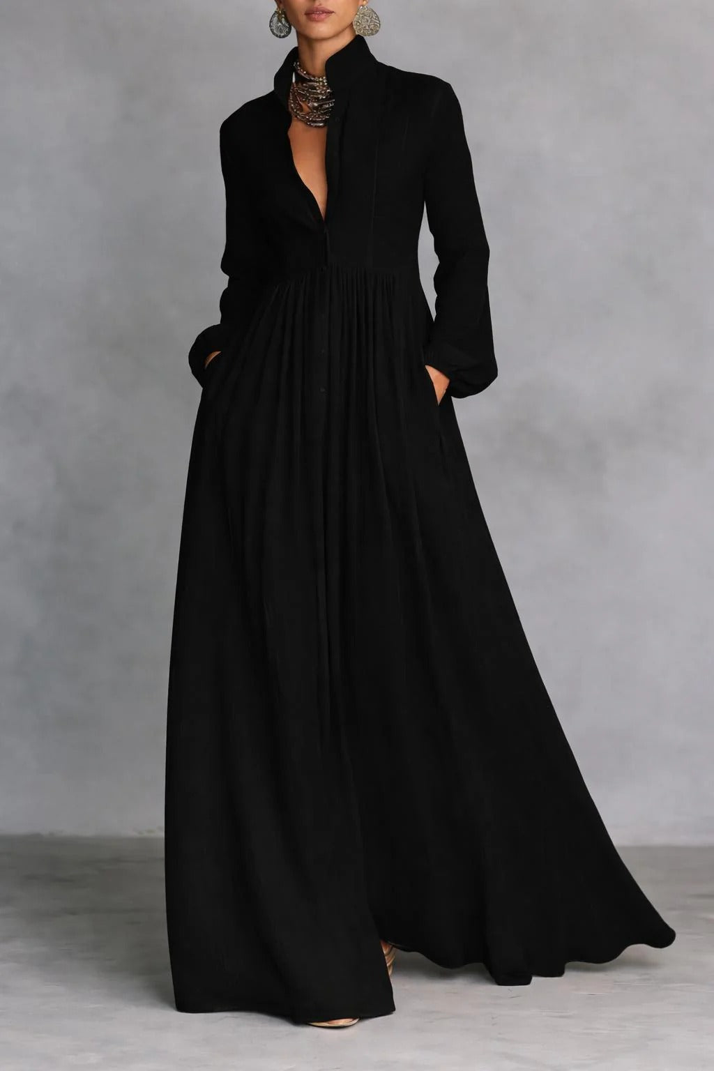 Women's Relaxed Button Front Pleated Maxi Dress