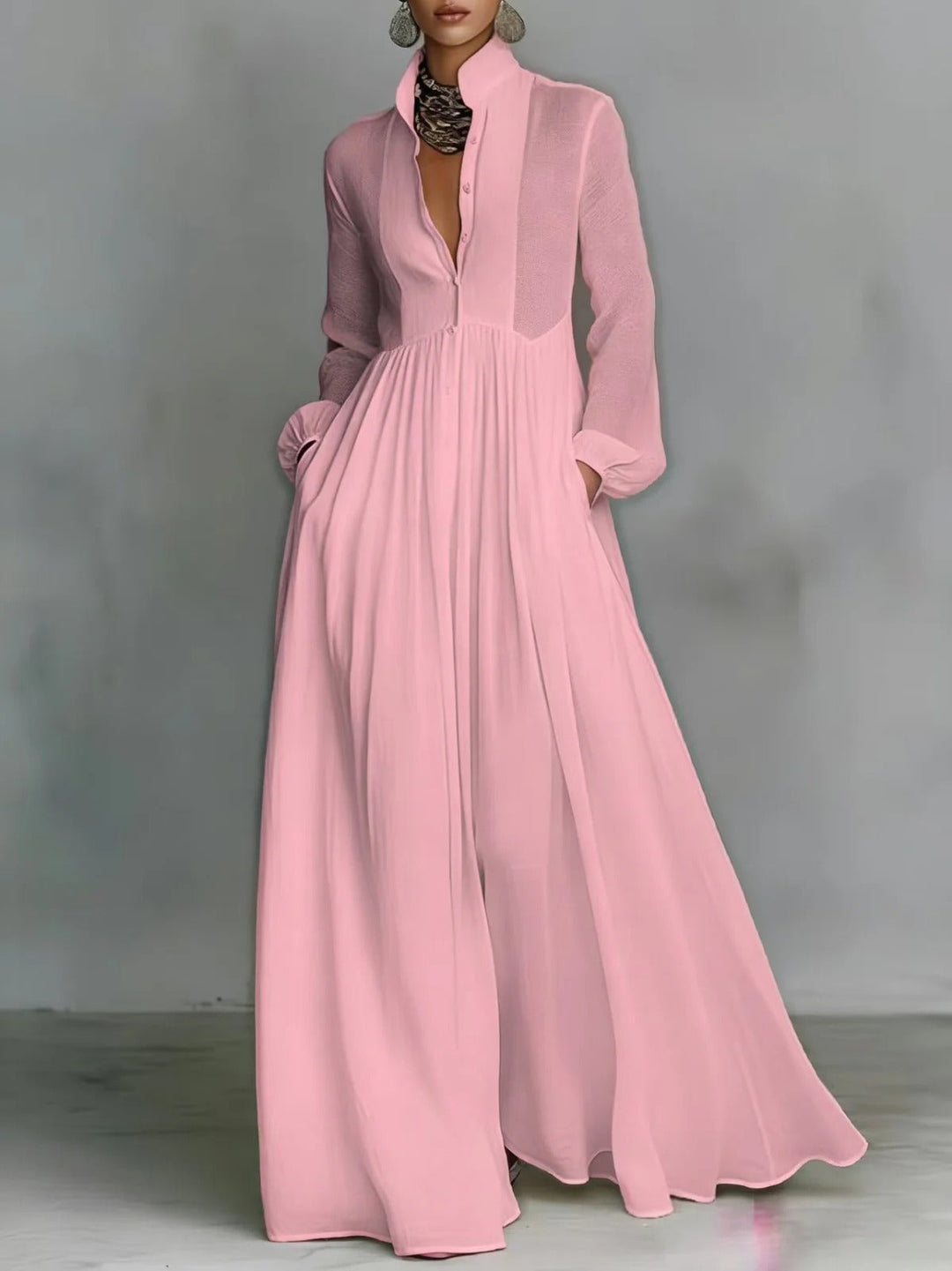 Women's Button Front Flared Hem Maxi Dress