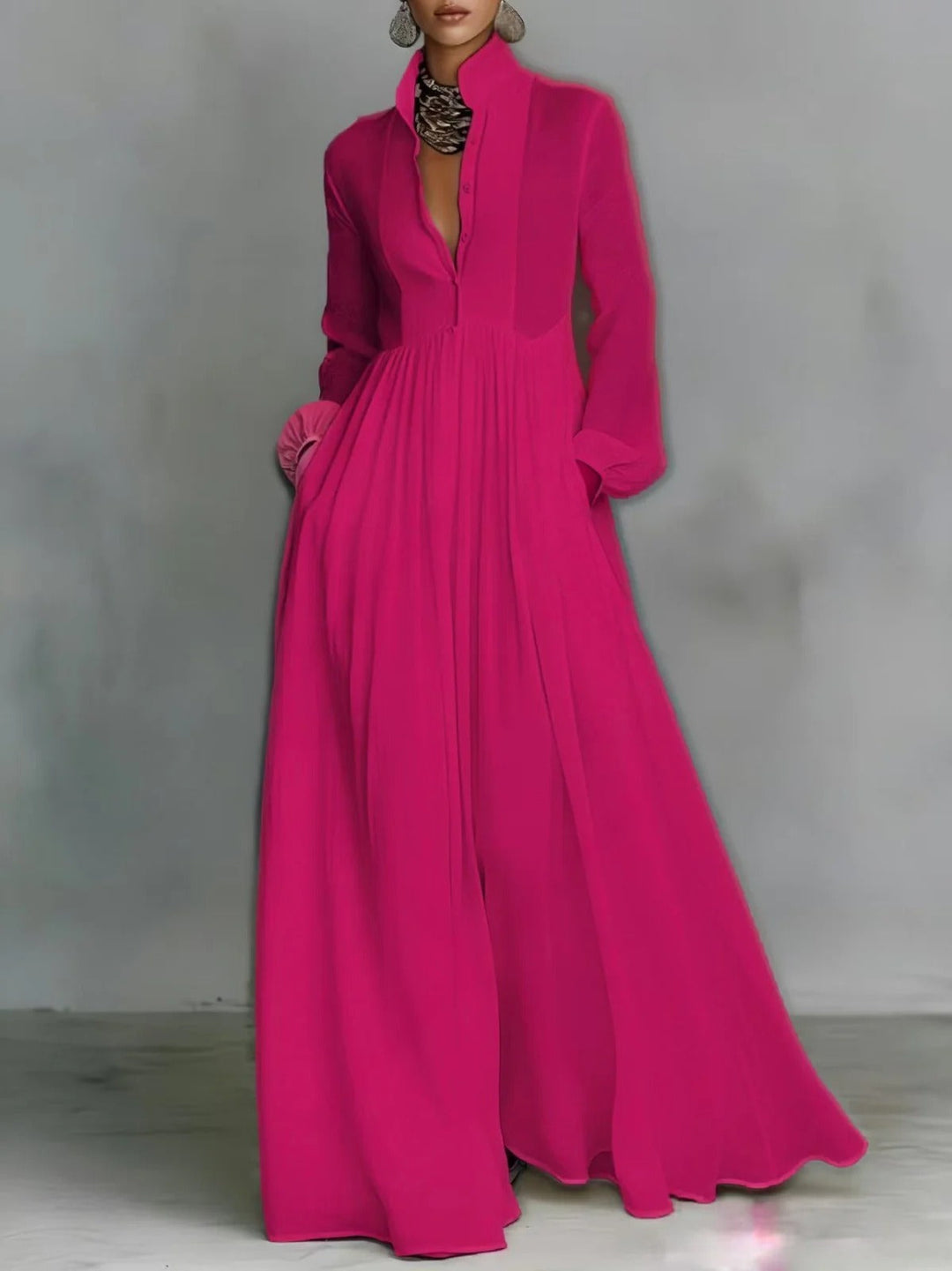 Women's Button Down Pleated Waist Maxi Dress