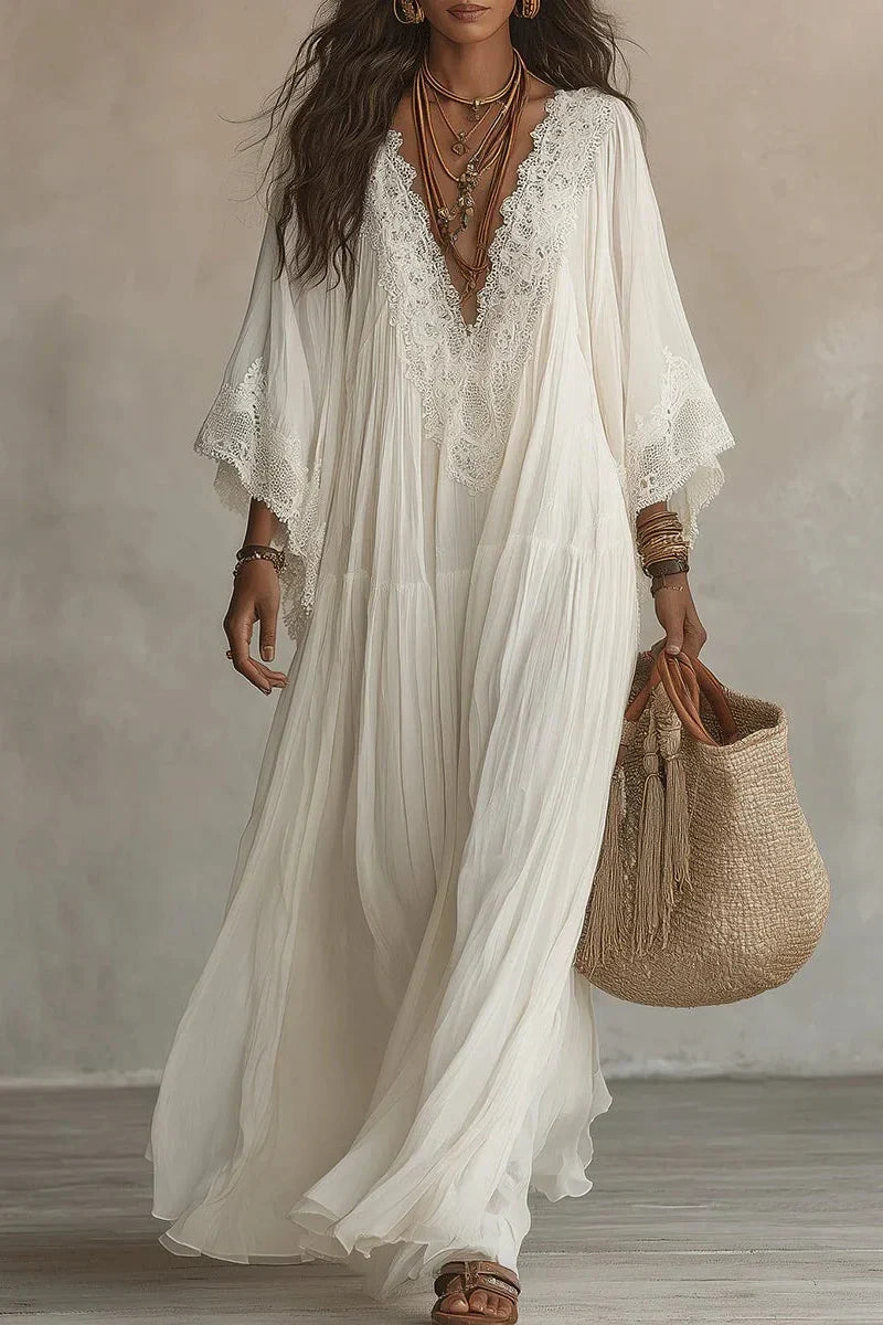 Women's Pleated Batwing Sleeve V Neck Maxi Dress