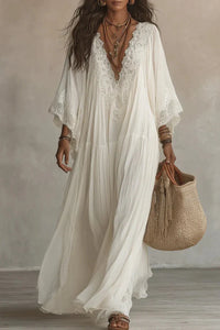 Women's Pleated Batwing Sleeve V Neck Maxi Dress