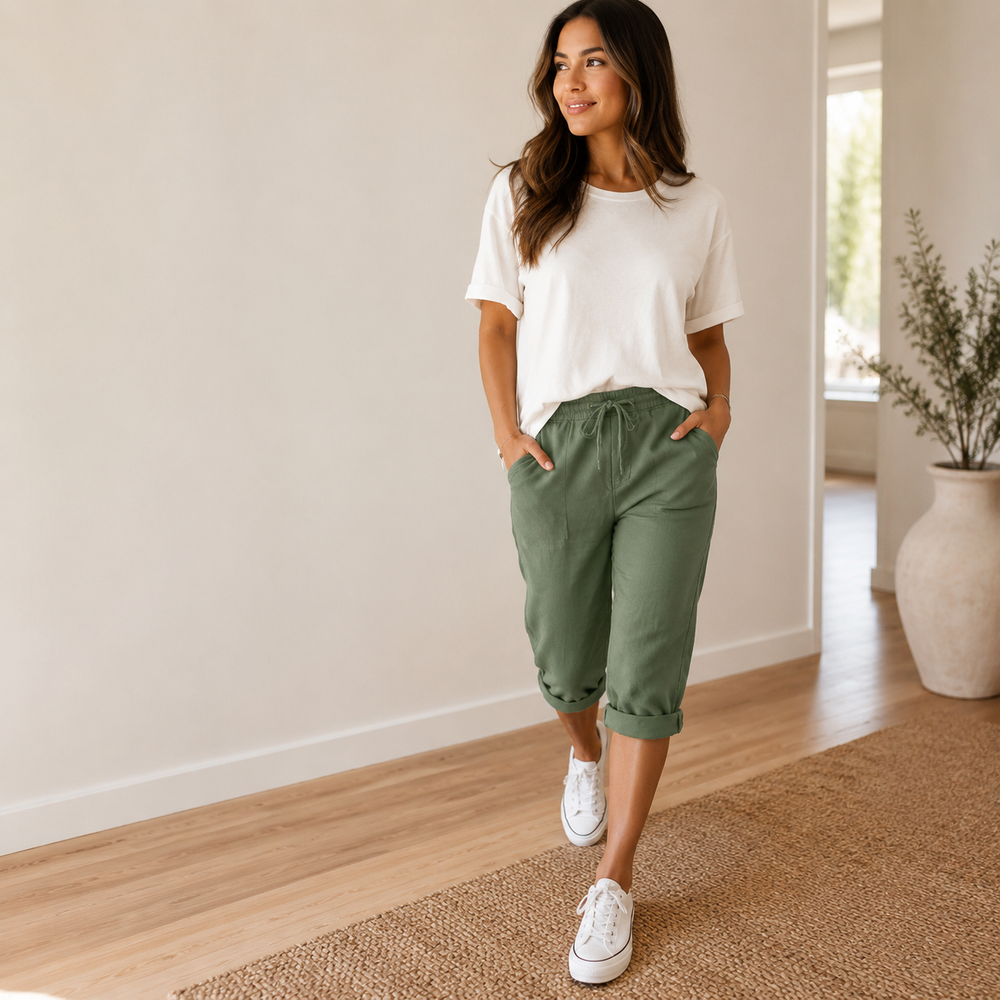 Women's Cropped Drawstring Waist Capri Trousers