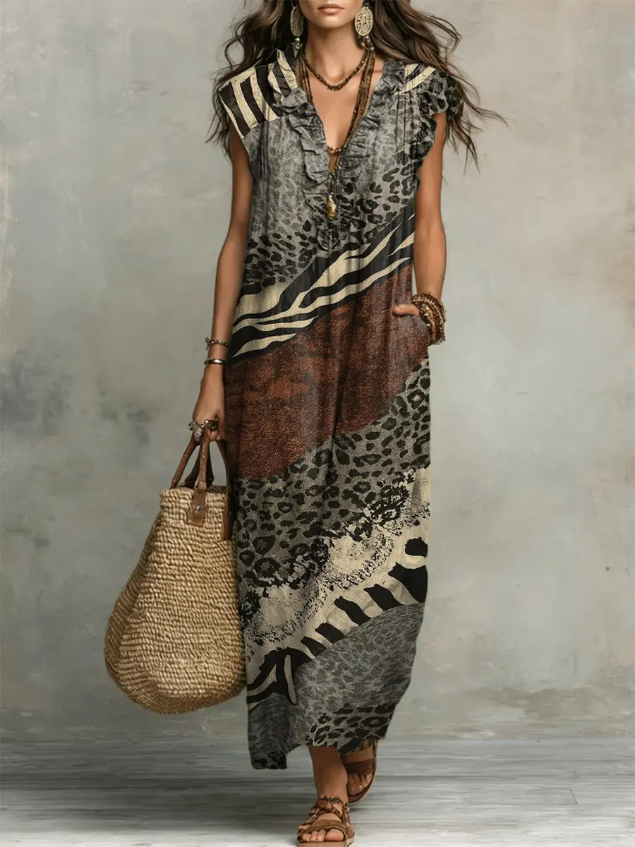 Women's Retro Pattern Ruffle Maxi Dress
