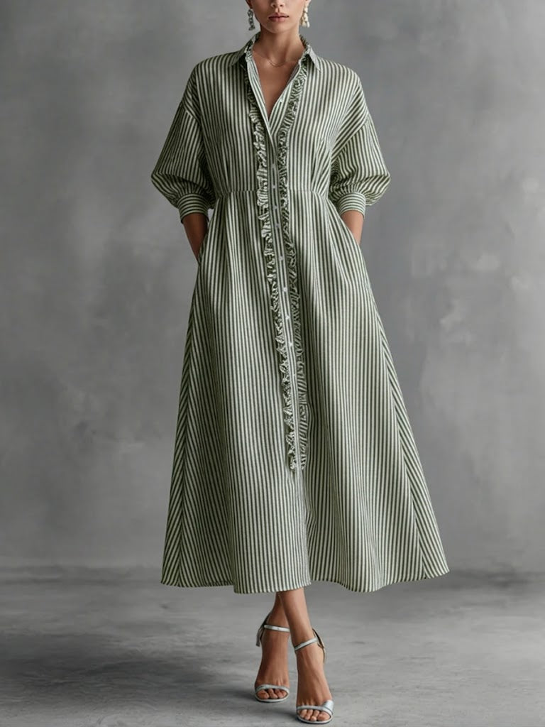 Women's Striped Button Front Ruffle Maxi Dress