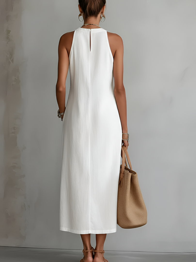 Women's Embroidered Mandarin Collar Relaxed Midi Dress