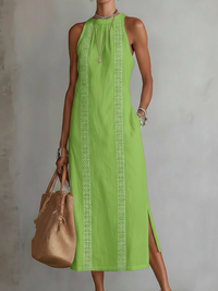 Women's Sleeveless Lace Trim Slit Midi Dress