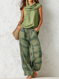 Women's Earth Tone Blouse Wide Leg Trouser Set