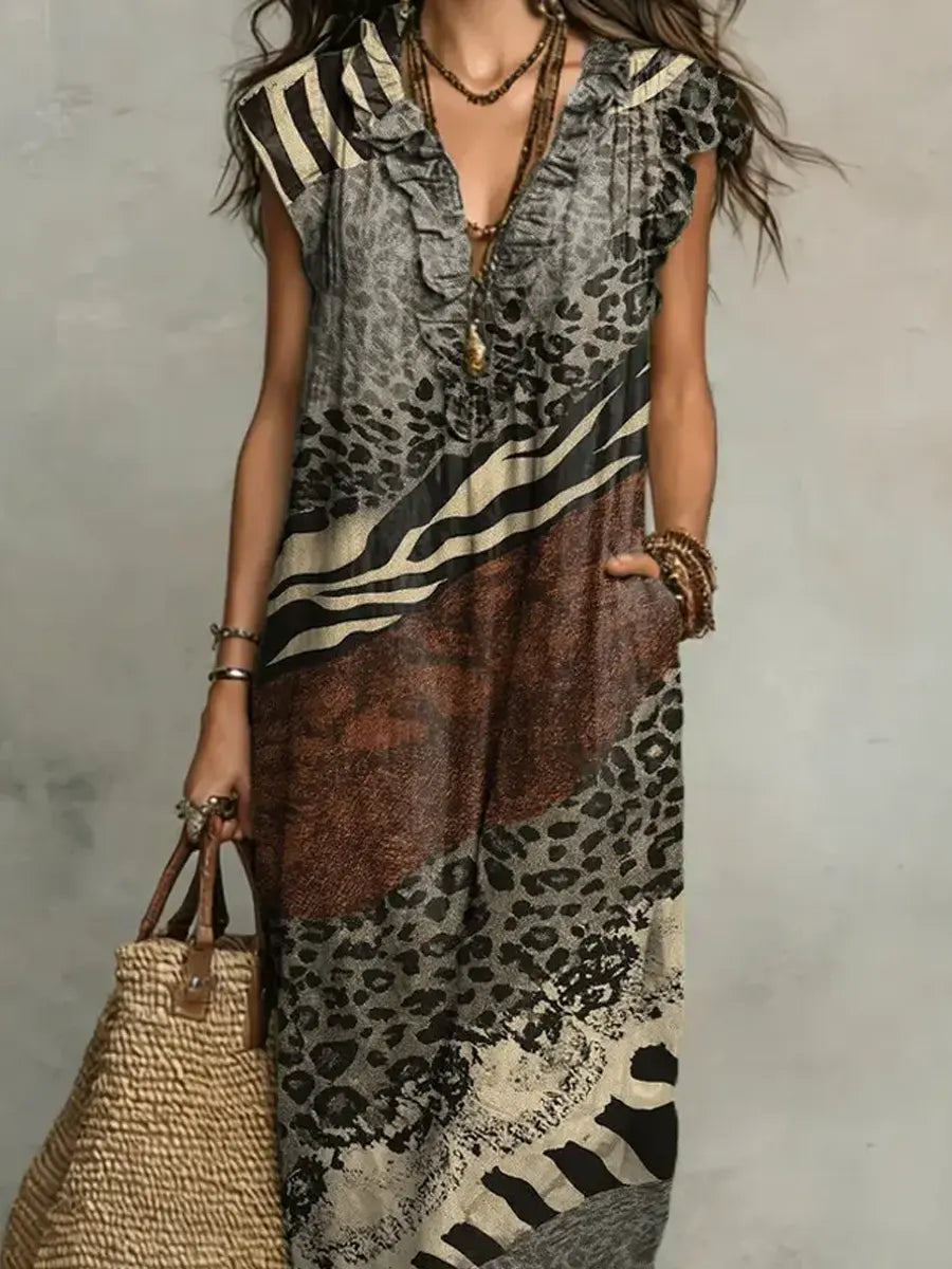 Women's Retro Pattern Ruffle Maxi Dress