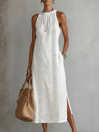 Women's Sleeveless Lace Detail Slit Midi Dress