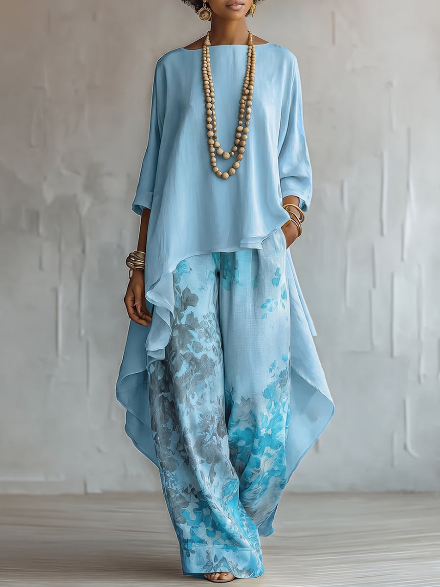 Women's Artistic Floral Print Top Trouser Set