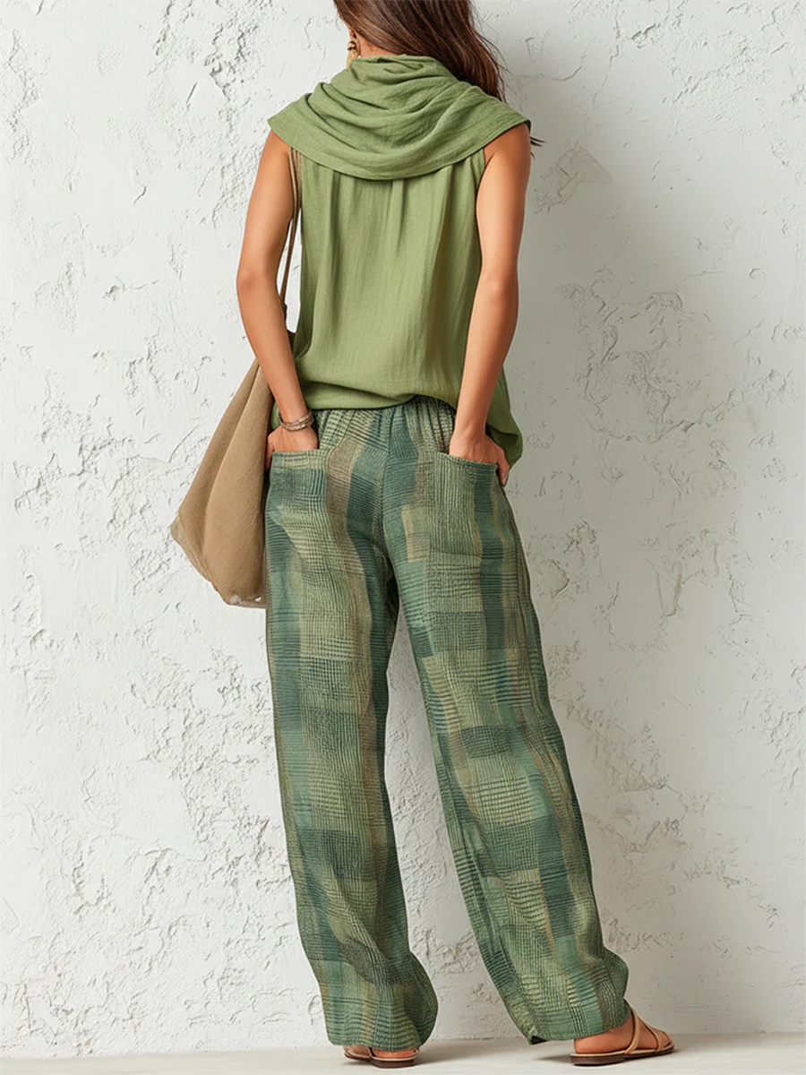 Women's Plaid Sleeveless Wide Leg Trousers Set